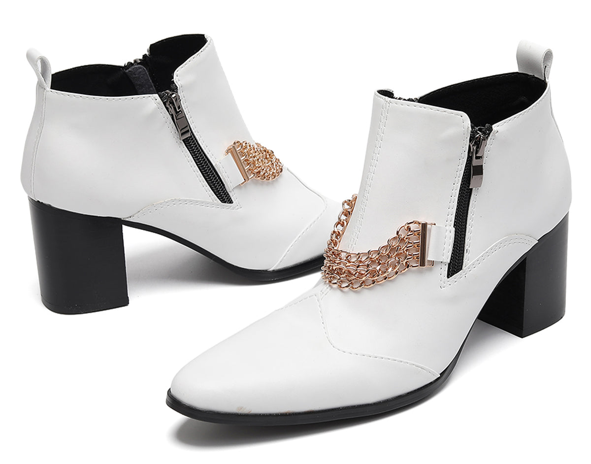 Mens Pointed Toe Zip Block Heel Chain Punk Ankle Boots
