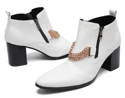 Mens Pointed Toe Zip Block Heel Chain Punk Ankle Boots