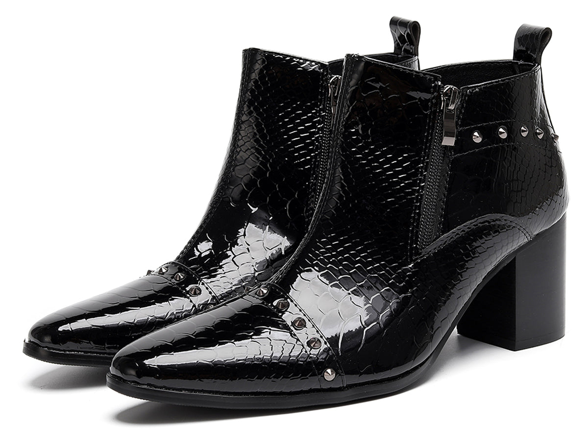 Mens Studded Block Heel Side Zip Rock Causal Dress Ankle Boots
