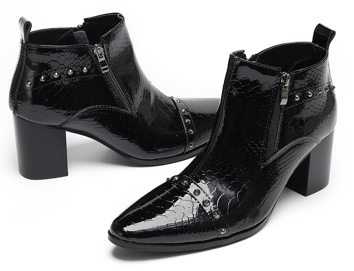 Mens Studded Block Heel Side Zip Rock Causal Dress Ankle Boots