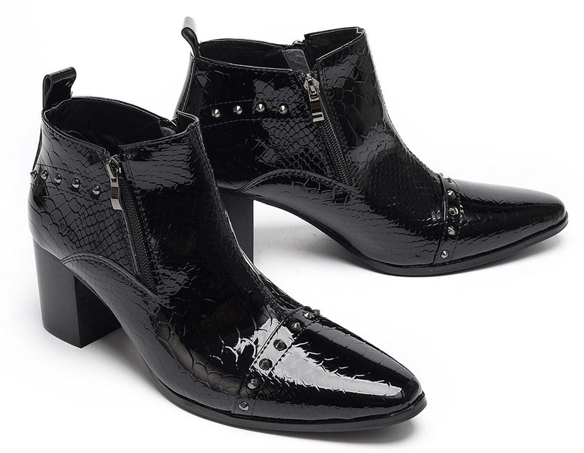 Mens Studded Block Heel Side Zip Rock Causal Dress Ankle Boots