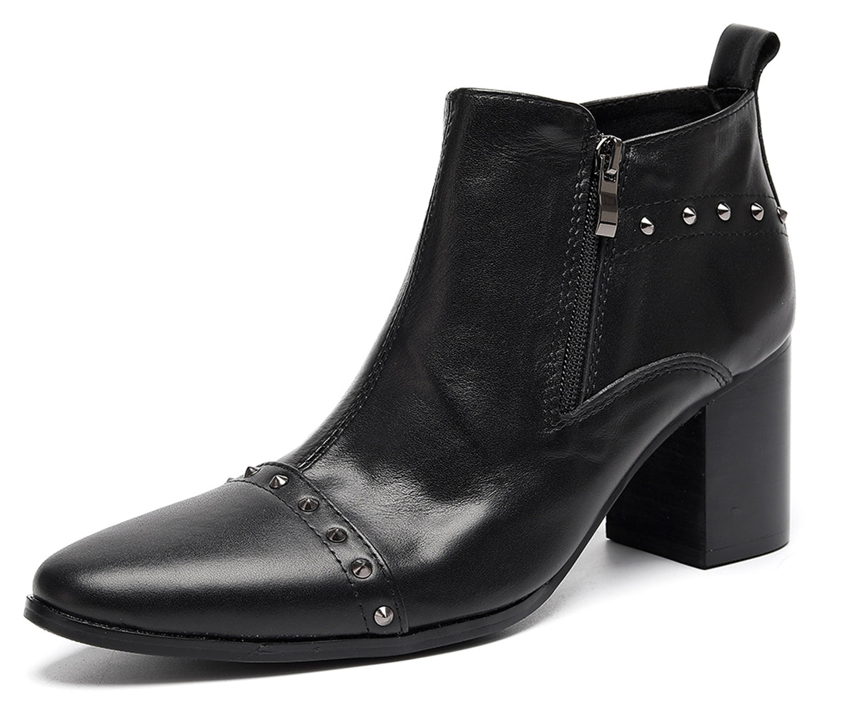 Mens Studded Block Heel Side Zip Rock Causal Dress Ankle Boots