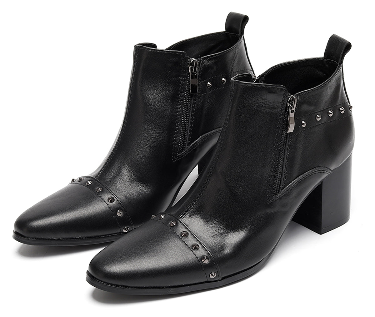 Mens Studded Block Heel Side Zip Rock Causal Dress Ankle Boots