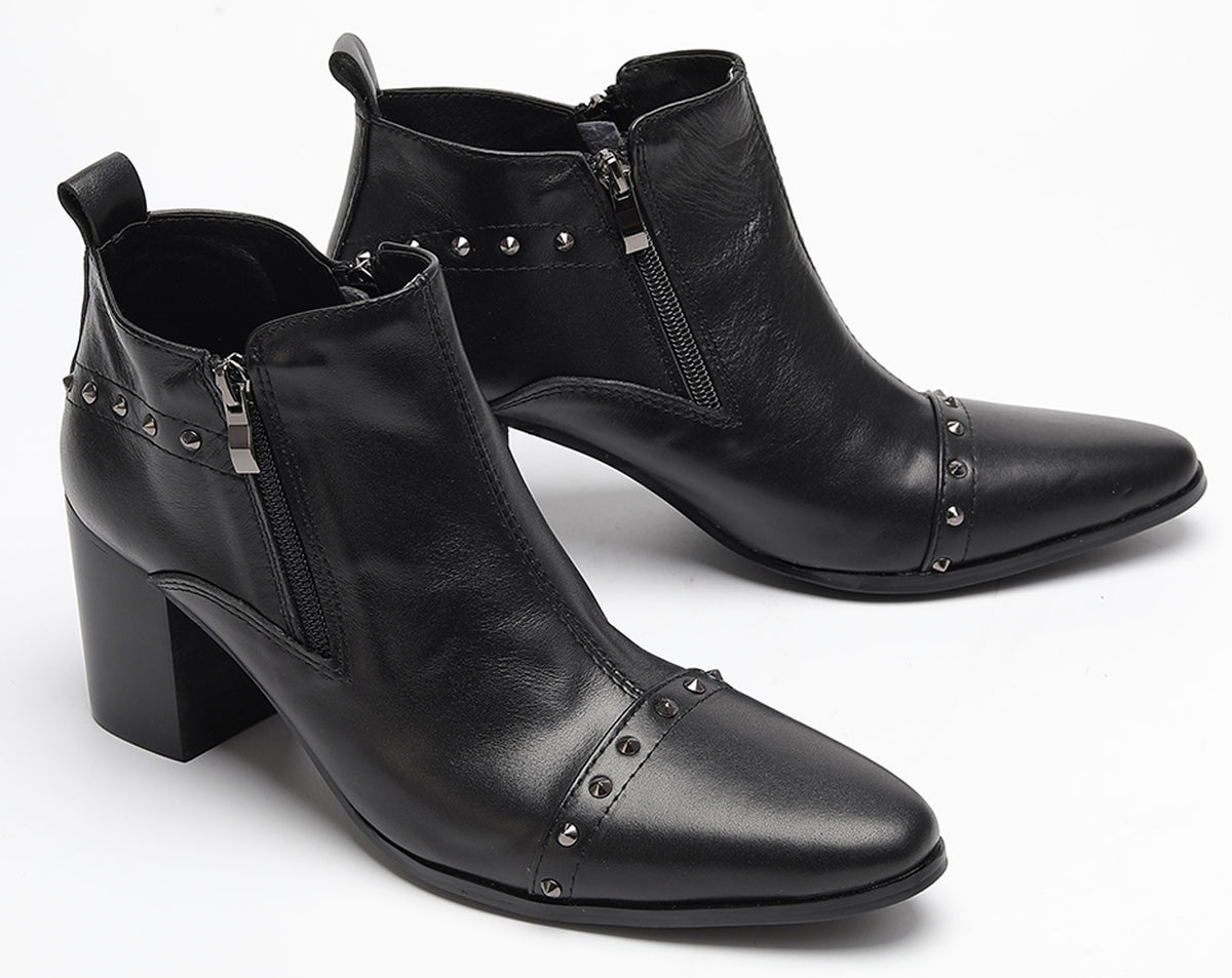 Mens Studded Block Heel Side Zip Rock Causal Dress Ankle Boots