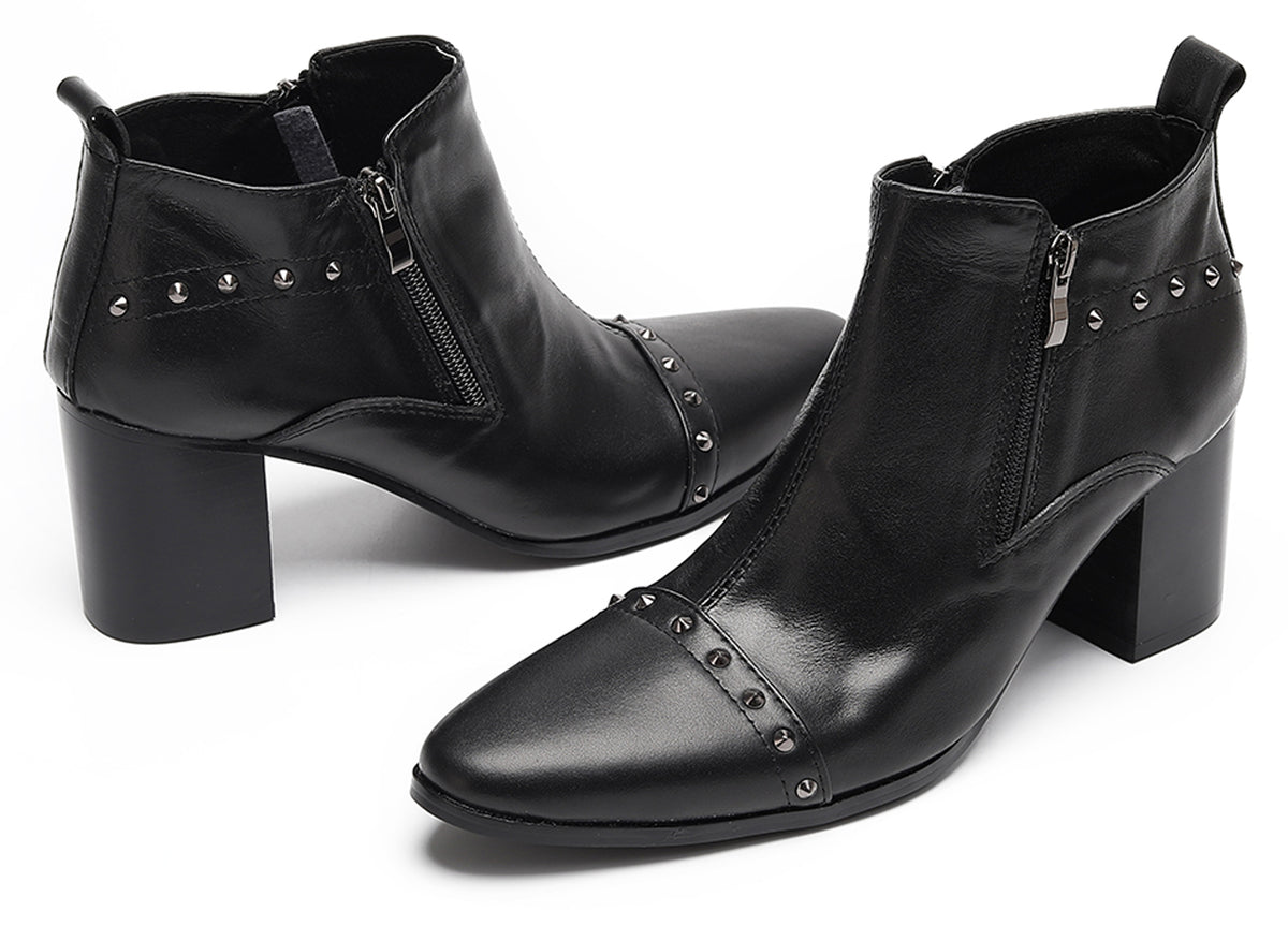 Mens Studded Block Heel Side Zip Rock Causal Dress Ankle Boots