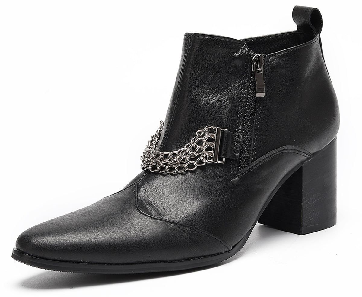 Mens Pointed Toe Zip Block Heel Chain Punk Ankle Boots