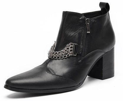 Mens Pointed Toe Zip Block Heel Chain Punk Ankle Boots