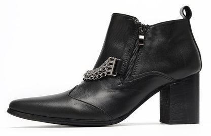Mens Pointed Toe Zip Block Heel Chain Punk Ankle Boots