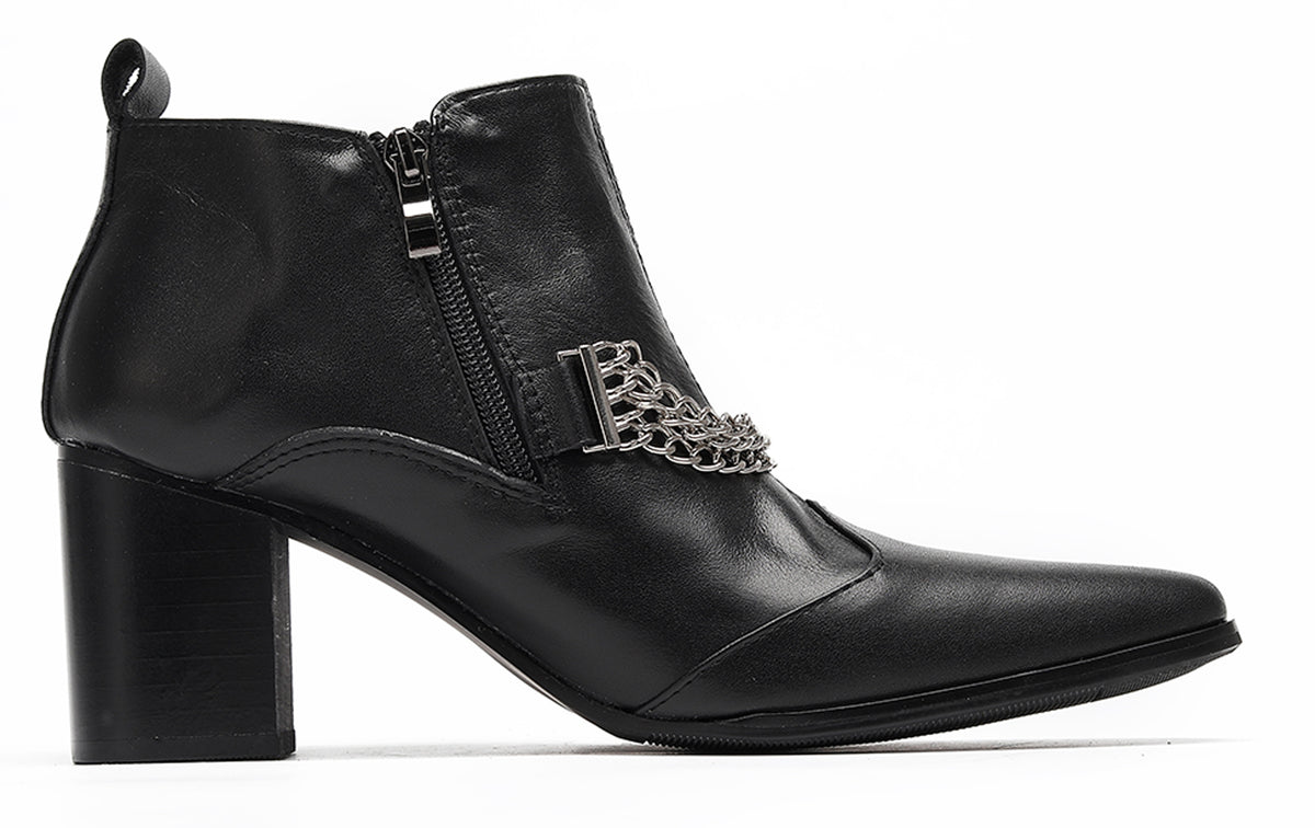 Mens Pointed Toe Zip Block Heel Chain Punk Ankle Boots
