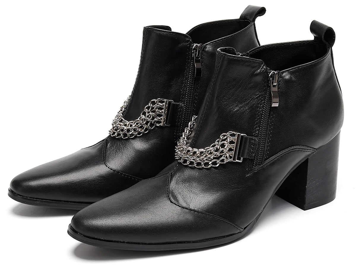 Mens Pointed Toe Zip Block Heel Chain Punk Ankle Boots