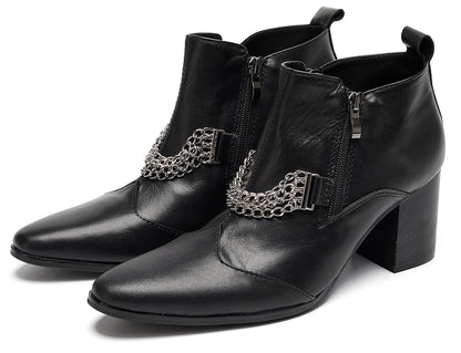 Mens Pointed Toe Zip Block Heel Chain Punk Ankle Boots