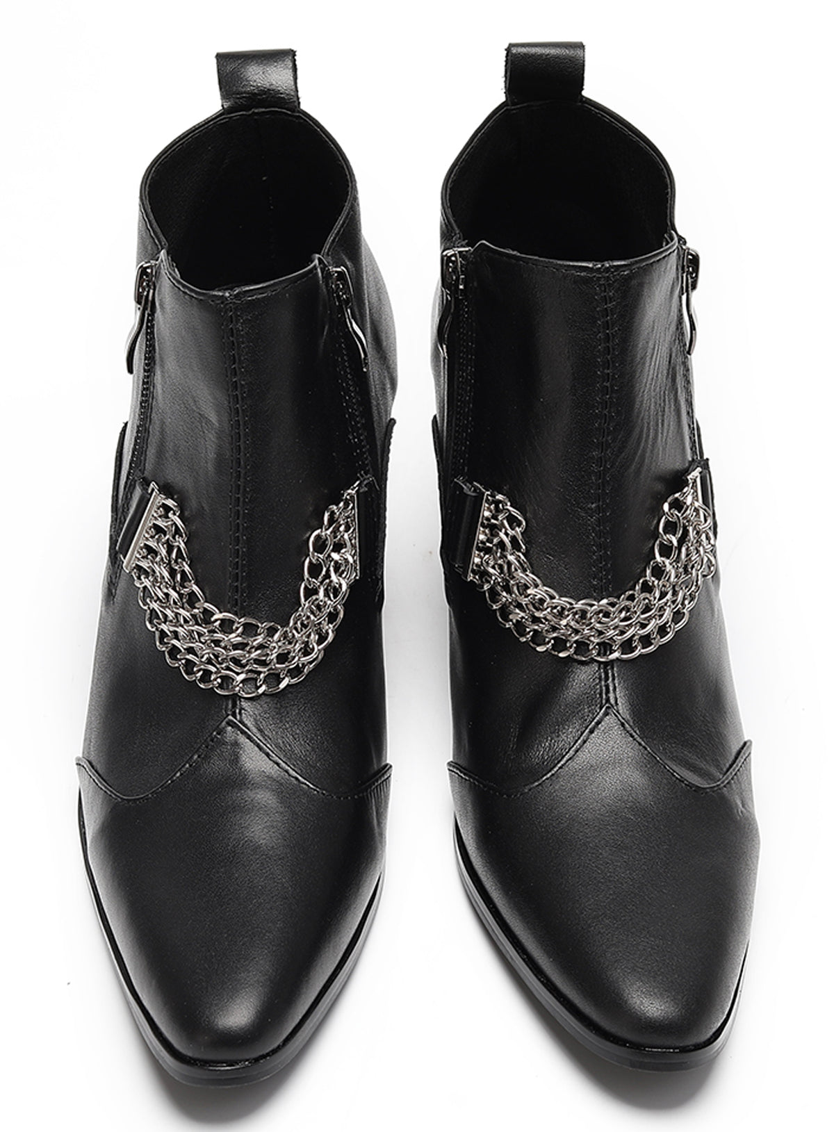Mens Pointed Toe Zip Block Heel Chain Punk Ankle Boots