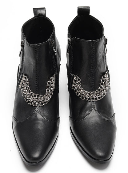 Mens Pointed Toe Zip Block Heel Chain Punk Ankle Boots