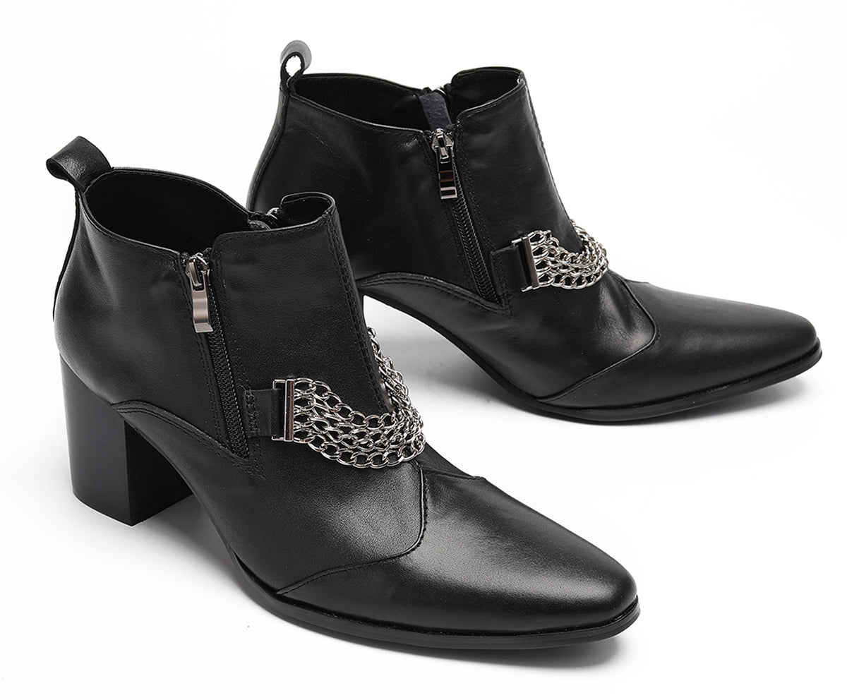 Mens Pointed Toe Zip Block Heel Chain Punk Ankle Boots