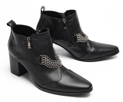 Mens Pointed Toe Zip Block Heel Chain Punk Ankle Boots