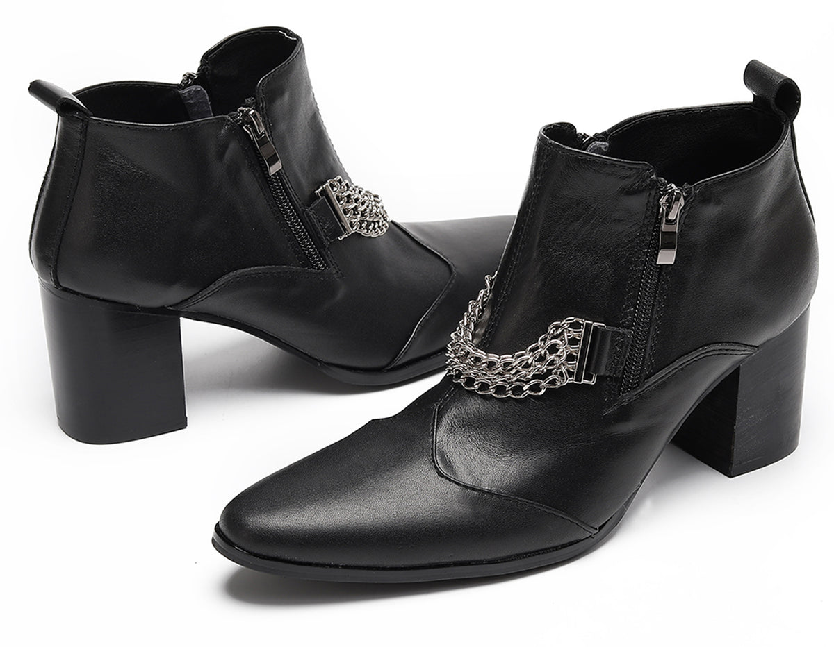 Mens Pointed Toe Zip Block Heel Chain Punk Ankle Boots