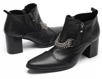 Mens Pointed Toe Zip Block Heel Chain Punk Ankle Boots