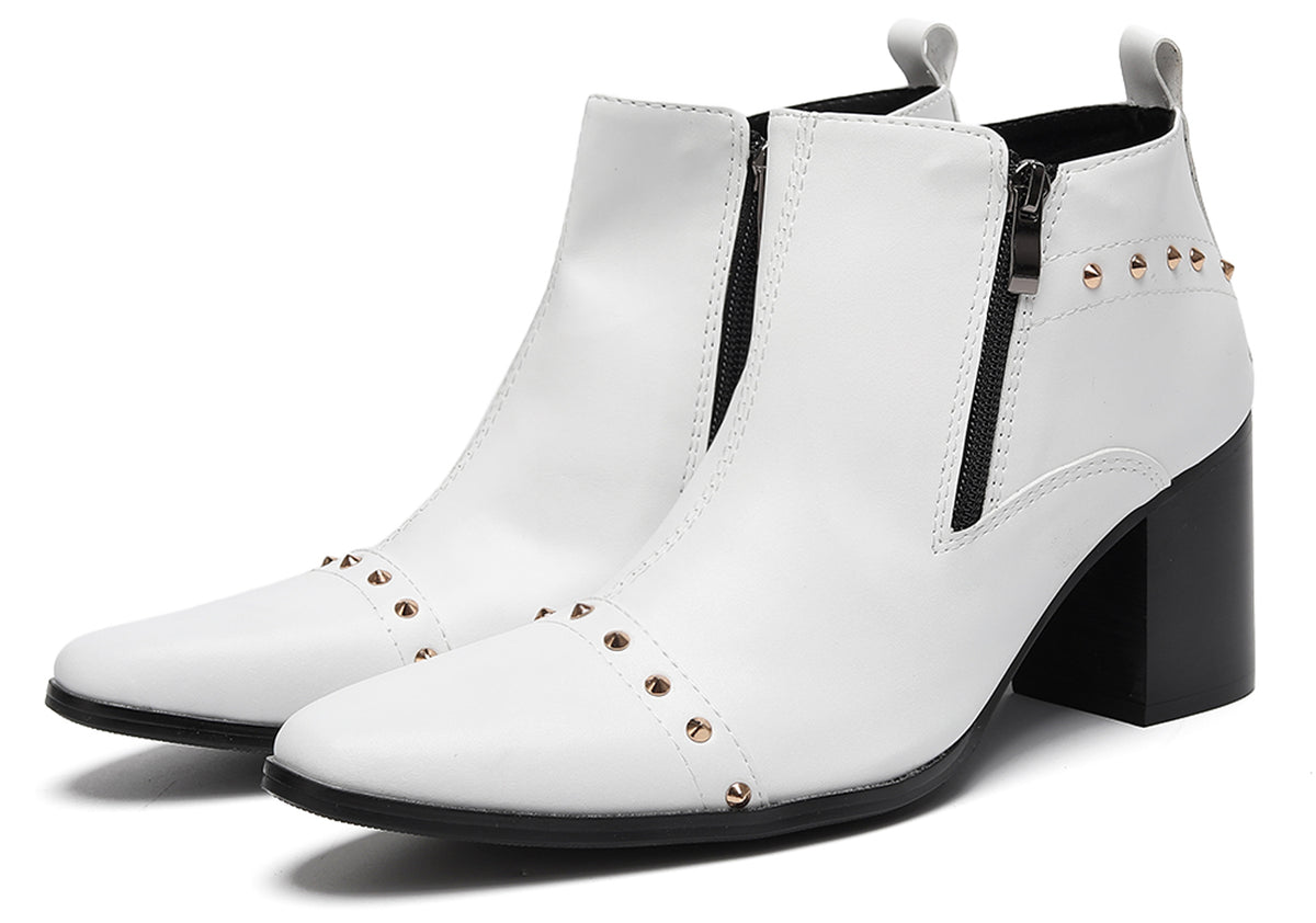 Mens Studded Block Heel Side Zip Rock Causal Dress Ankle Boots