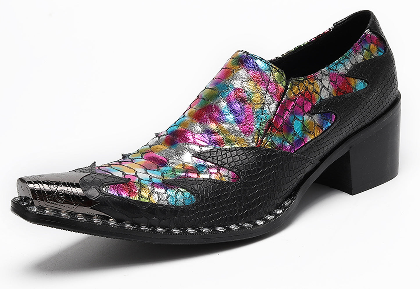 Mens Genuine Leather Two Tone Block Heel Western Loafers