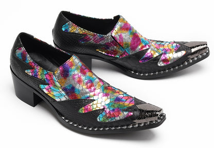 Mens Genuine Leather Two Tone Block Heel Western Loafers