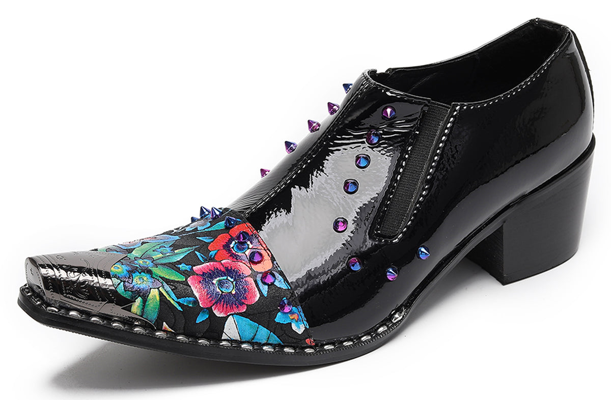 Mens Floral Studded Slip-On Cuban Heel Western Loafers