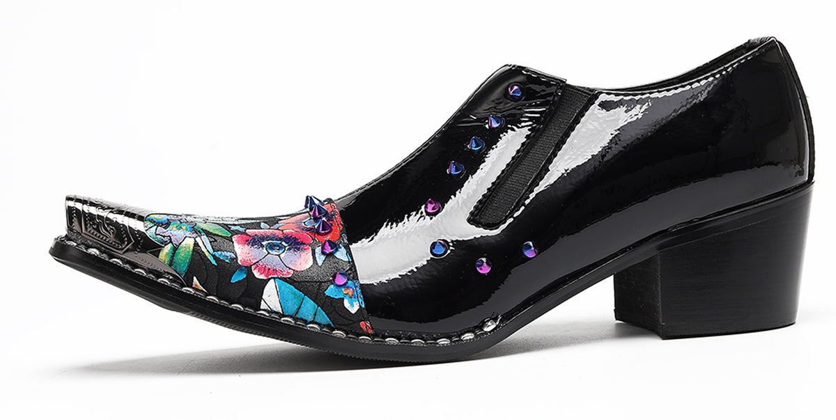 Mens Floral Studded Slip-On Cuban Heel Western Loafers