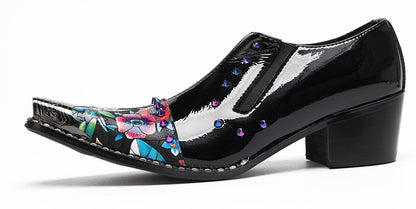 Mens Floral Studded Slip-On Cuban Heel Western Loafers