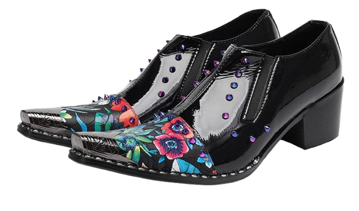 Mens Floral Studded Slip-On Cuban Heel Western Loafers