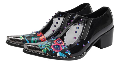 Mens Floral Studded Slip-On Cuban Heel Western Loafers