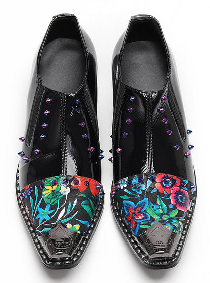 Mens Floral Studded Slip-On Cuban Heel Western Loafers