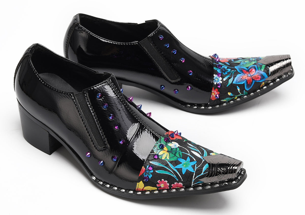 Mens Floral Studded Slip-On Cuban Heel Western Loafers