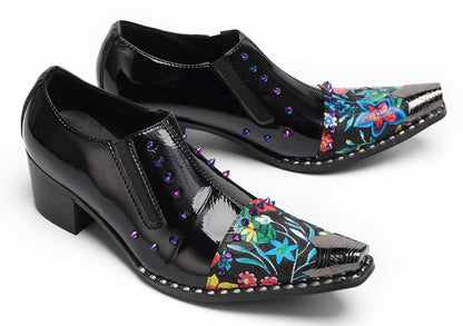 Mens Floral Studded Slip-On Cuban Heel Western Loafers