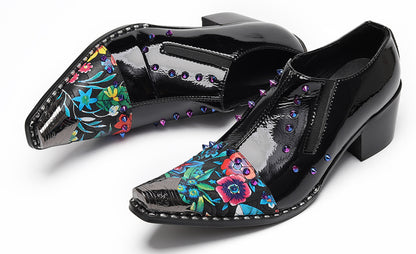 Mens Floral Studded Slip-On Cuban Heel Western Loafers