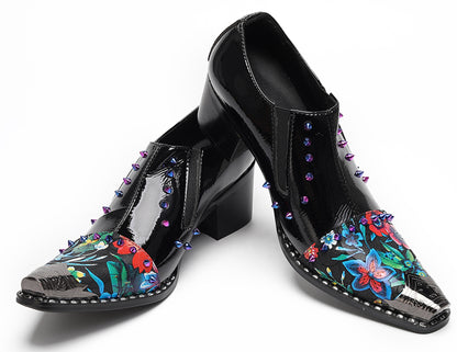 Mens Floral Studded Slip-On Cuban Heel Western Loafers