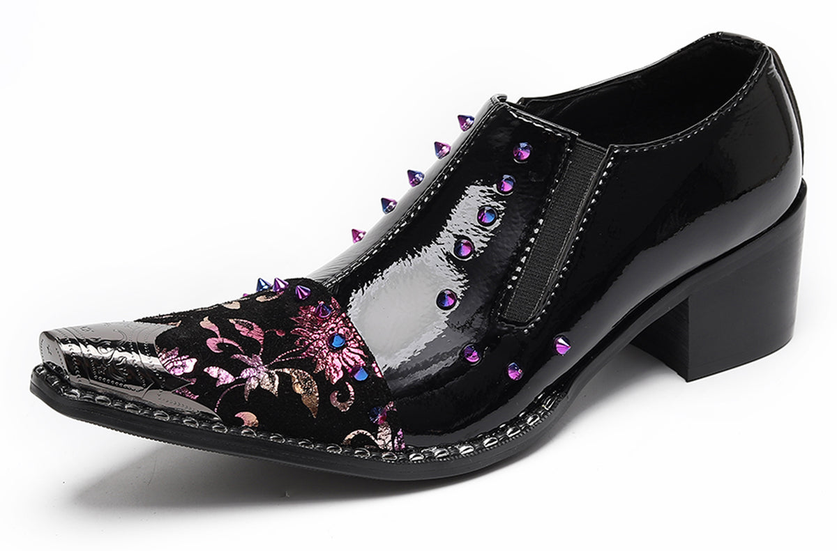 Mens Floral Studded Slip-On Cuban Heel Western Loafers