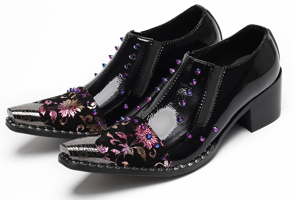 Mens Floral Studded Slip-On Cuban Heel Western Loafers