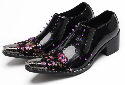 Mens Floral Studded Slip-On Cuban Heel Western Loafers