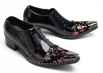 Mens Floral Studded Slip-On Cuban Heel Western Loafers
