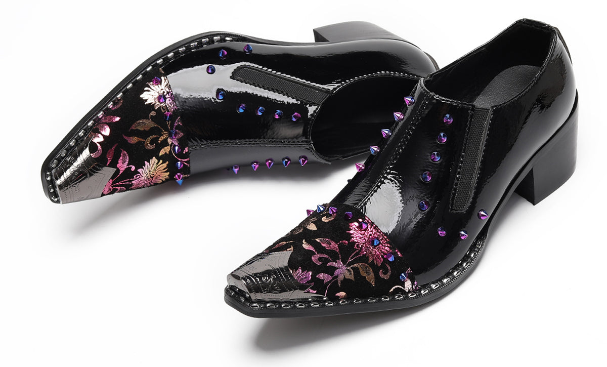 Mens Floral Studded Slip-On Cuban Heel Western Loafers