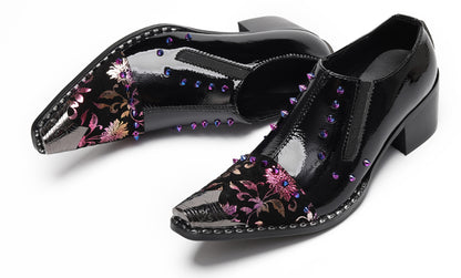 Mens Floral Studded Slip-On Cuban Heel Western Loafers