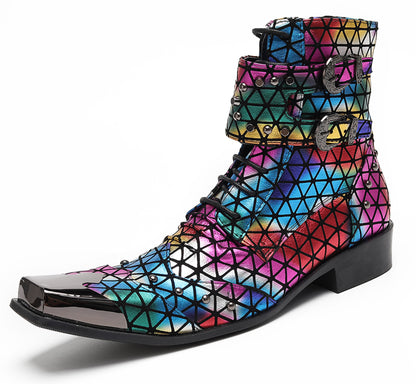 Mens Rainbow Geometric Buckle-Strap Gothic Cowboy Western Boots