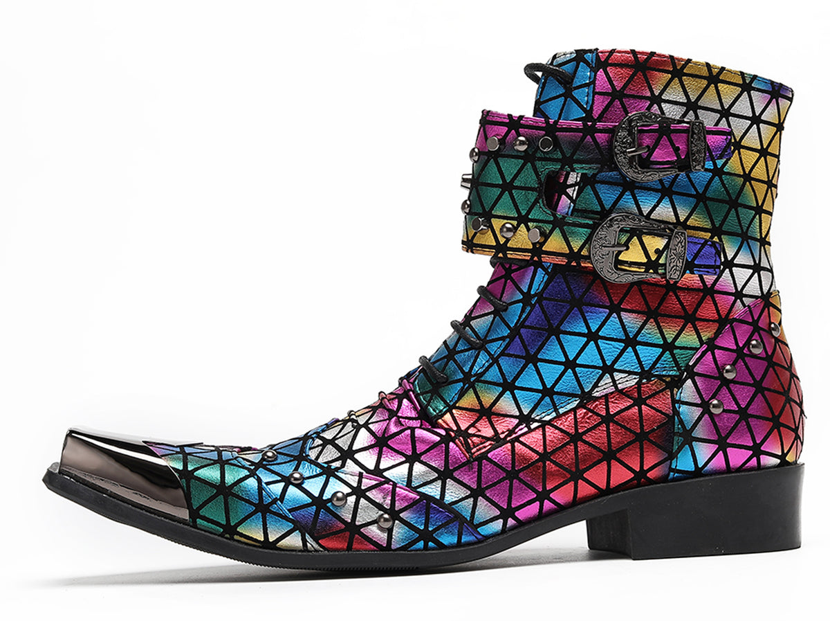 Mens Rainbow Geometric Buckle-Strap Gothic Cowboy Western Boots