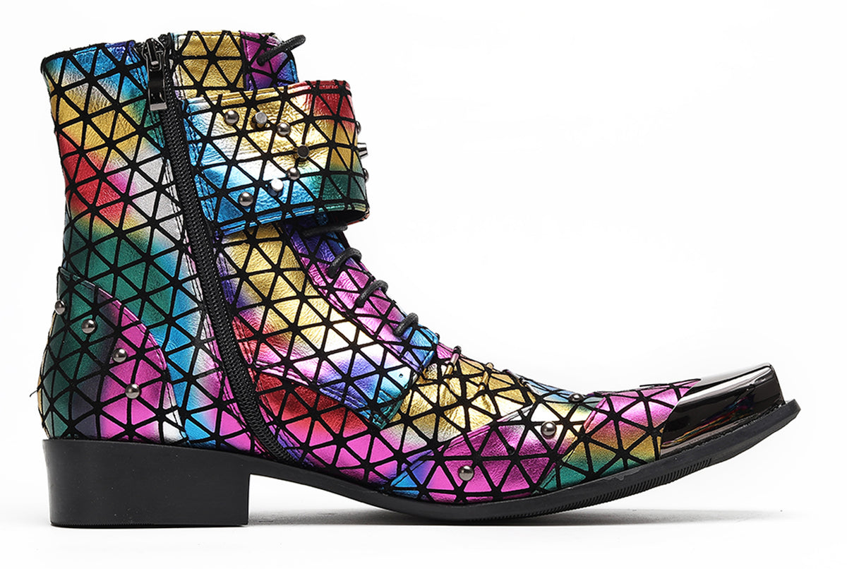 Mens Rainbow Geometric Buckle-Strap Gothic Cowboy Western Boots