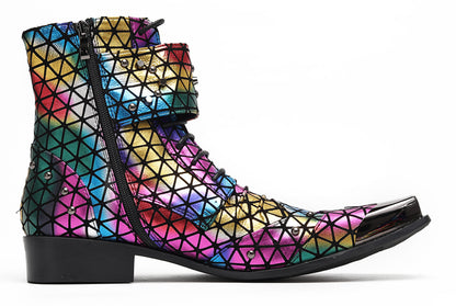 Mens Rainbow Geometric Buckle-Strap Gothic Cowboy Western Boots