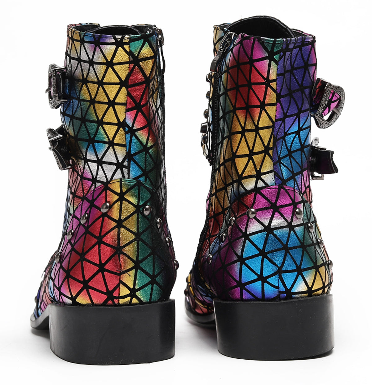 Mens Rainbow Geometric Buckle-Strap Gothic Cowboy Western Boots