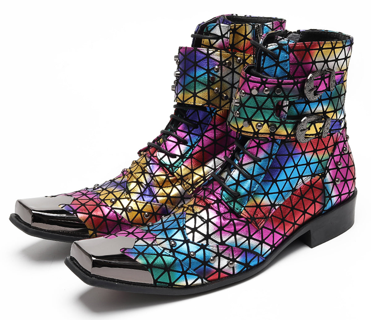 Mens Rainbow Geometric Buckle-Strap Gothic Cowboy Western Boots