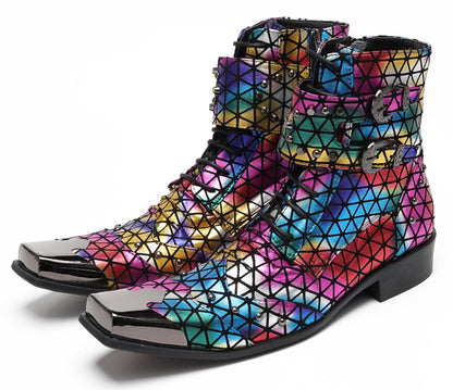 Mens Rainbow Geometric Buckle-Strap Gothic Cowboy Western Boots