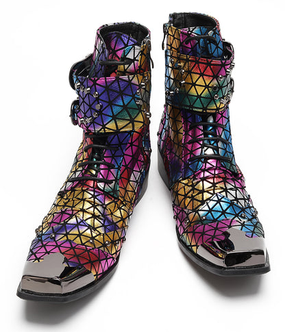 Mens Rainbow Geometric Buckle-Strap Gothic Cowboy Western Boots