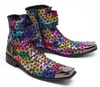Mens Rainbow Geometric Buckle-Strap Gothic Cowboy Western Boots