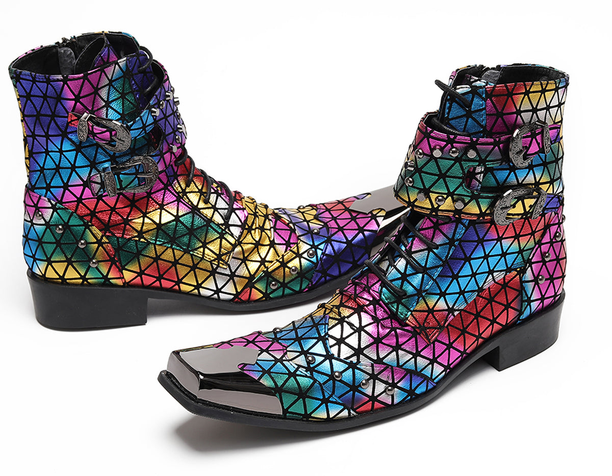 Mens Rainbow Geometric Buckle-Strap Gothic Cowboy Western Boots